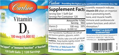 Carlson Vitamin D3 100 mcg (4000 IU) source label used in the packaging illustration