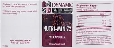 DNA Dynamic Nutritional Associates Nutri-Min 72 source label used in the packaging illustration