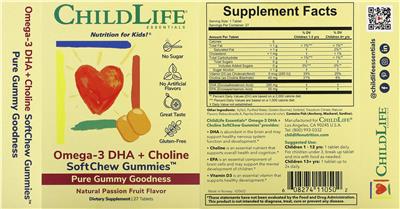 ChildLife Essentials Omega-3 DHA + Choline SoftChew Gummies Natural Passion Fruit Flavor product packaging