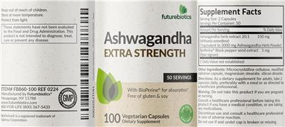 Futurebiotics Ashwagandha Extra Strength source label used in the packaging illustration
