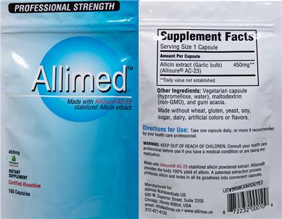 Allimax Nutraceuticals US Allimed 450 mg source label used in the packaging illustration