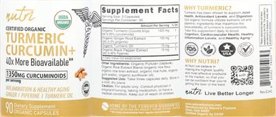 Nutri Turmeric Curcumin+ source label used in the packaging illustration