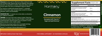 Harmony Nutraceuticals Cinnamon source label used in the packaging illustration