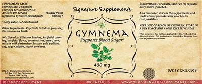 Signature Supplements Gymnema 400 mg source label used in the packaging illustration