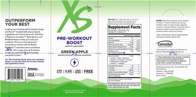XS Pre-Workout Boost Green Apple source label used in the packaging illustration