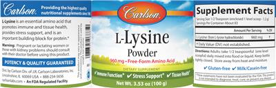 Carlson L-Lysine Powder 960 mg source label used in the packaging illustration