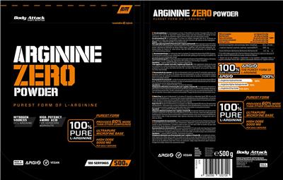 Body Attack Sports Nutrition Arginine Zero Powder source label used in the packaging illustration