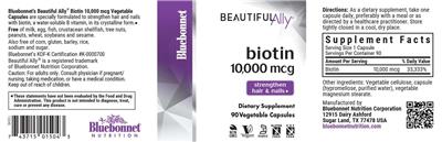Bluebonnet Beautiful Ally Biotin 10000 mcg source label used in the packaging illustration