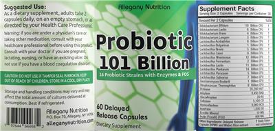 Allegany Nutrition Probiotic 101 Billion source label used in the packaging illustration