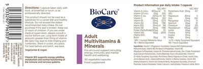 BioCare Adult Multivitamins & Minerals source label used in the packaging illustration