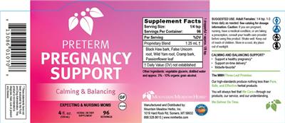 Mountain Meadow Herbs Preterm Pregnancy Support source label used in the packaging illustration