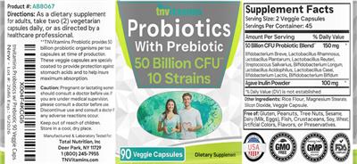 tnvitamins Probiotics with Prebiotic 50 Billion CFU 10 Strains source label used in the packaging illustration