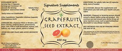 Signature Supplements Grapefruit Seed Extract 400 mg source label used in the packaging illustration