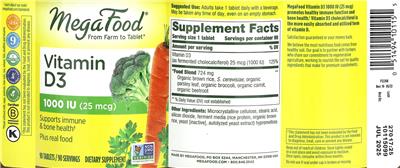 MegaFood Vitamin D3 1000 IU (25 mcg) source label used in the packaging illustration