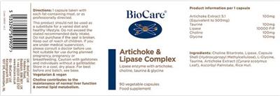 BioCare Artichoke & Lipase Complex source label used in the packaging illustration