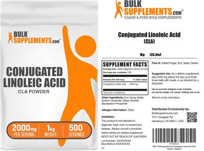 BulkSupplements.com Conjugated Linoleic Acid (CLA) 2000 mg source label used in the packaging illustration