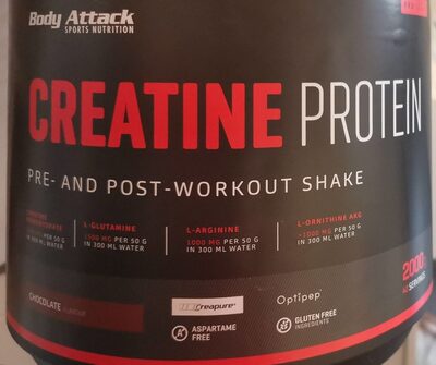 Body Attack Sports Nutrition Creatine Protein Chocolate Flavour source label used in the packaging illustration