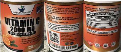 American Standard Supplements Vitamin C 2000 mg source label used in the packaging illustration