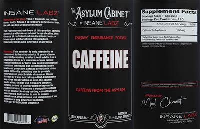 The Asylum Cabinet by Insane Labz Caffeine source label used in the packaging illustration