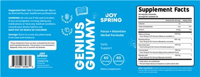 JoySpring Genius Gummy source label used in the packaging illustration
