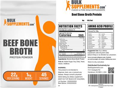BulkSupplements.com Beef Bone Broth Protein Powder 22 g source label used in the packaging illustration