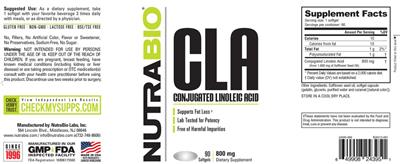 NutraBio CLA 800 mg source label used in the packaging illustration