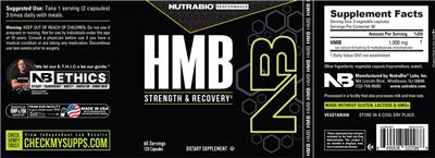 NutraBio Performance HMB 1000 mg source label used in the packaging illustration