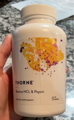 Thorne Betaine HCL & Pepsin source label used in the packaging illustration