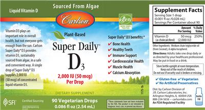 Carlson Super Daily D3 2000 IU (50 mcg) source label used in the packaging illustration