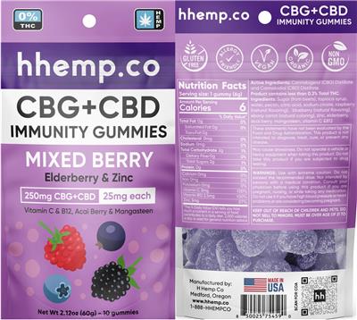 hhemp.co CBG + CBD Immunity Gummies Mixed Berry 25 mg source label used in the packaging illustration