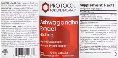 Protocol For Life Balance Ashwagandha Extract 450 mg source label used in the packaging illustration