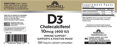 Windmill D3 Cholecalciferol 10 mcg (400 IU) source label used in the packaging illustration