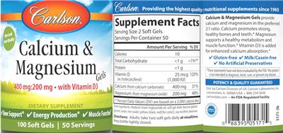 Carlson Calcium & Magnesium Gels 400 mg:200 mg source label used in the packaging illustration