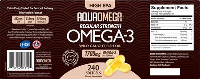 AquaOmega High EPA Regular Strength Omega-3 1700 mg source label used in the packaging illustration