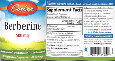 Carlson Berberine 500 mg source label used in the packaging illustration