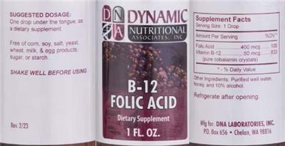 DNA Dynamic Nutritional Associates B-12 Folic Acid source label used in the packaging illustration