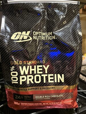 ON Optimum Nutrition Gold Standard 100% Whey Double Rich Chocolate source label used in the packaging illustration