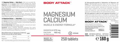 Body Attack Magnesium 272 mg + Calcium 460 mg source label used in the packaging illustration