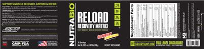 NutraBio Reload Recovery Matrix Strawberry Lemon Bomb source label used in the packaging illustration
