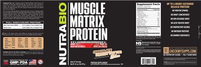 NutraBio Muscle Matrix Protein Chocolate Peanut Butter Bliss source label used in the packaging illustration