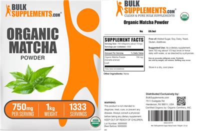 BulkSupplements.com Organic Matcha Powder 750 mg product packaging