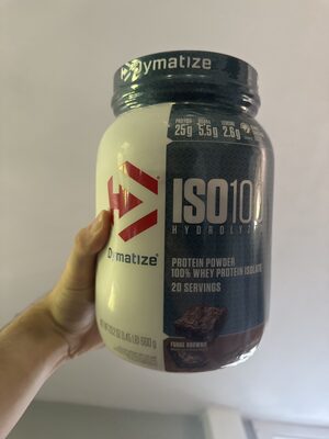 Dymatize ISO100 Hydrolyzed Fudge Brownie source label used in the packaging illustration
