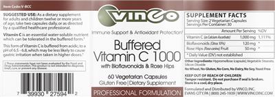 Vinco Buffered Vitamin C 1000 source label used in the packaging illustration