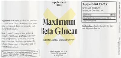 Supplement Spot Maximum Beta Glucan 400 mg source label used in the packaging illustration