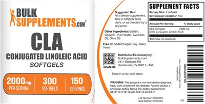 BulkSupplements.com CLA Conjugated Linoleic Acid 2000 mg Softgels source label used in the packaging illustration