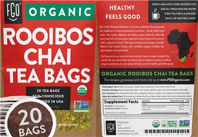 FGO Organic Rooibos Chai Tea Bags source label used in the packaging illustration