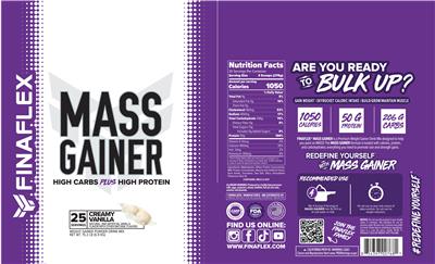 FINAFLEX Mass Gainer Creamy Vanilla source label used in the packaging illustration