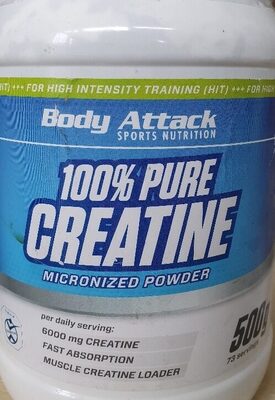 Body Attack 100% Pure Creatine Monohydrate Powder source label used in the packaging illustration