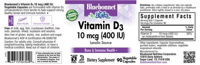 Bluebonnet Vitamin D3 10 mcg (400 IU) product packaging