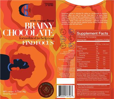 The Functional Chocolate Company Brainy Chocolate Zesty Orange Flavor source label used in the packaging illustration